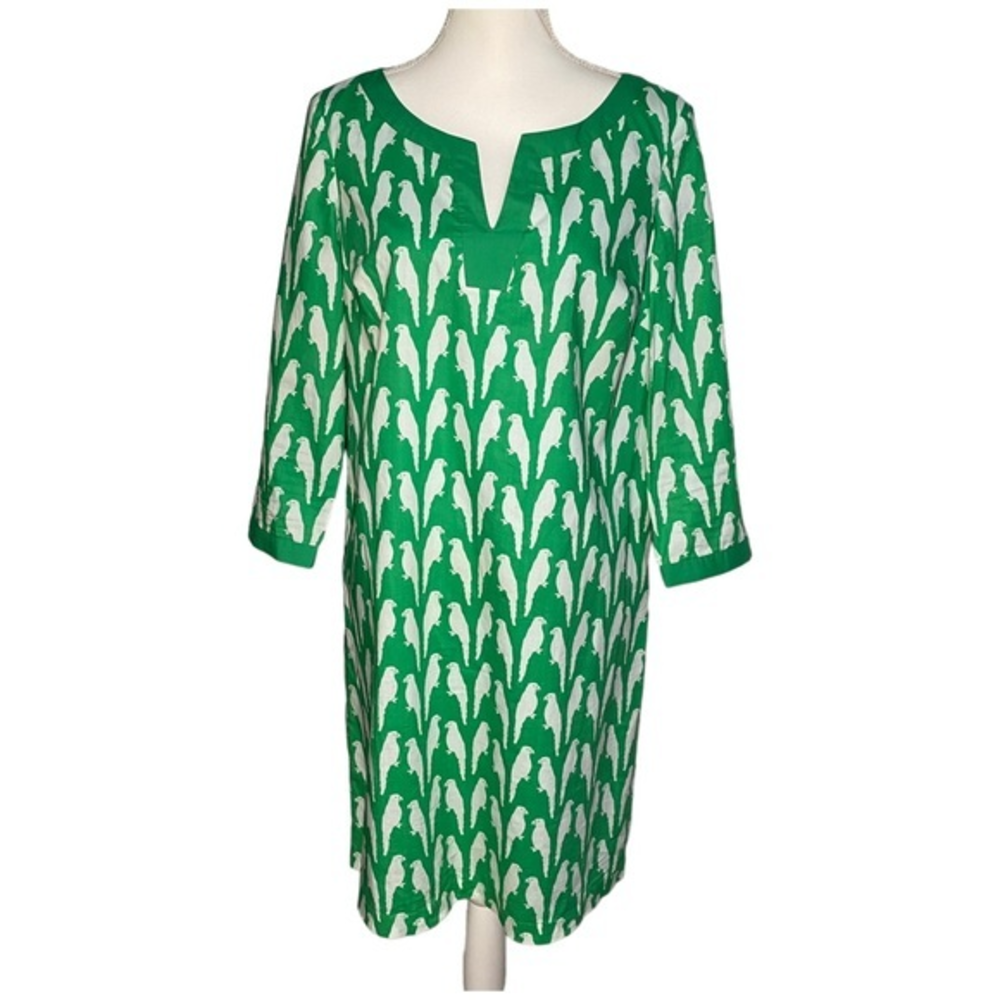 Talbots Green Parrot Bird Trimmed Resort Preppy 3/4 Sleeves 100% Cotton Lined
